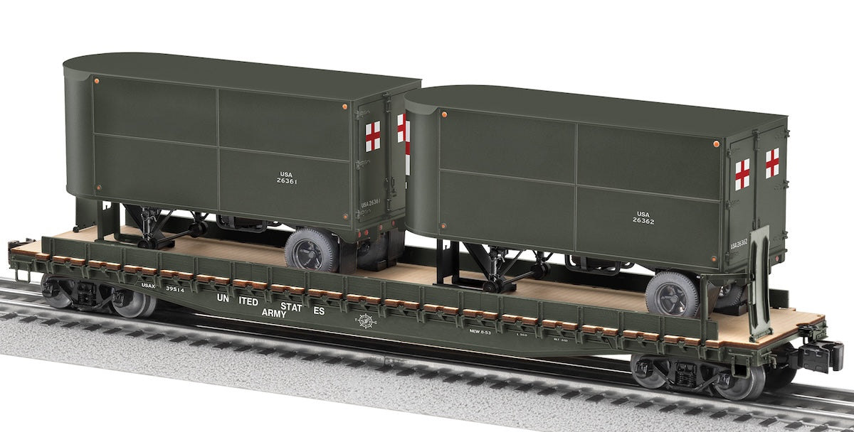 Lionel 2526360 - Flat Car "U.S. Army" w/ 2 Trailers #39514