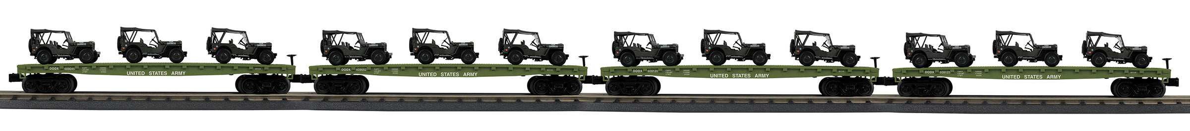 MTH 30-70123 - Flat Car "U.S. Army" w/(3) Willy’s Transport Vehicles (4-Car)