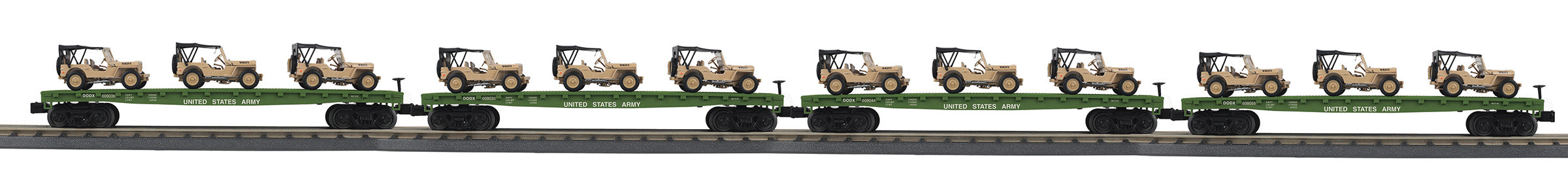 MTH 30-70124 - Flat Car "U.S. Army" w/(3) Willy’s Transport Vehicles (4-Car) Desert