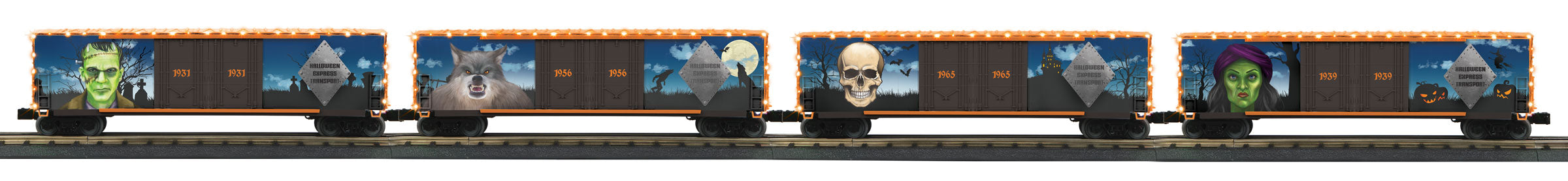 MTH 30-70130 - 50’ Double Door Plugged Boxcar "Halloween" w/ LED Lights Set (4-Car)
