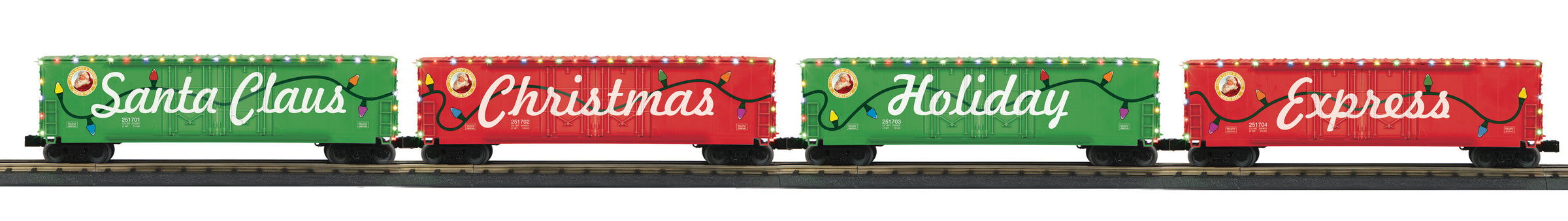 MTH 30-70131 - 50’ Double Door Plugged Boxcar Set "Christmas" w/ LED Lights (4-Car)