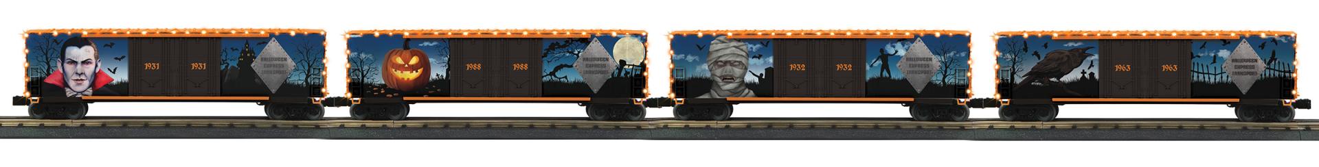 MTH 30-70149 - 50’ Double Door Plugged Boxcar Set "Halloween" w/ LED Lights Set (4-Car)