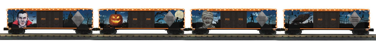 MTH 30-70149 - RailKing - 50’ Double Door Plugged Box Car Set "Halloween" w/ LED Lights Set (4-Car)