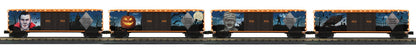 MTH 30-70149 - RailKing - 50’ Double Door Plugged Box Car Set "Halloween" w/ LED Lights Set (4-Car)