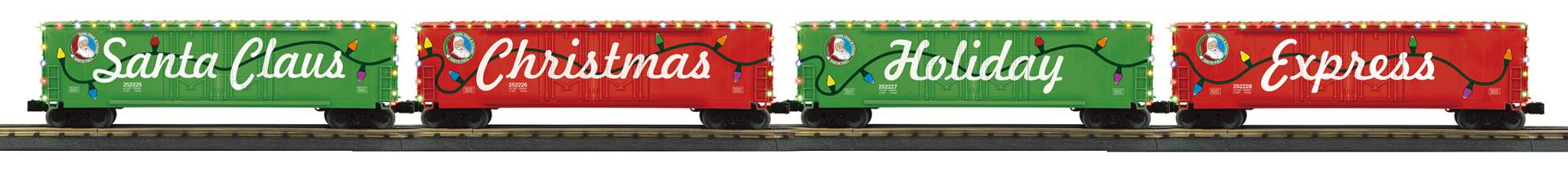 MTH 30-70151 - 50’ Double Door Plugged Boxcar Set "Christmas" w/ LED Lights (4-Car)