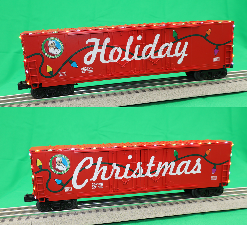 MTH 30-70151 - 50’ Double Door Plugged Boxcar Set "Christmas" w/ LED Lights (4-Car)