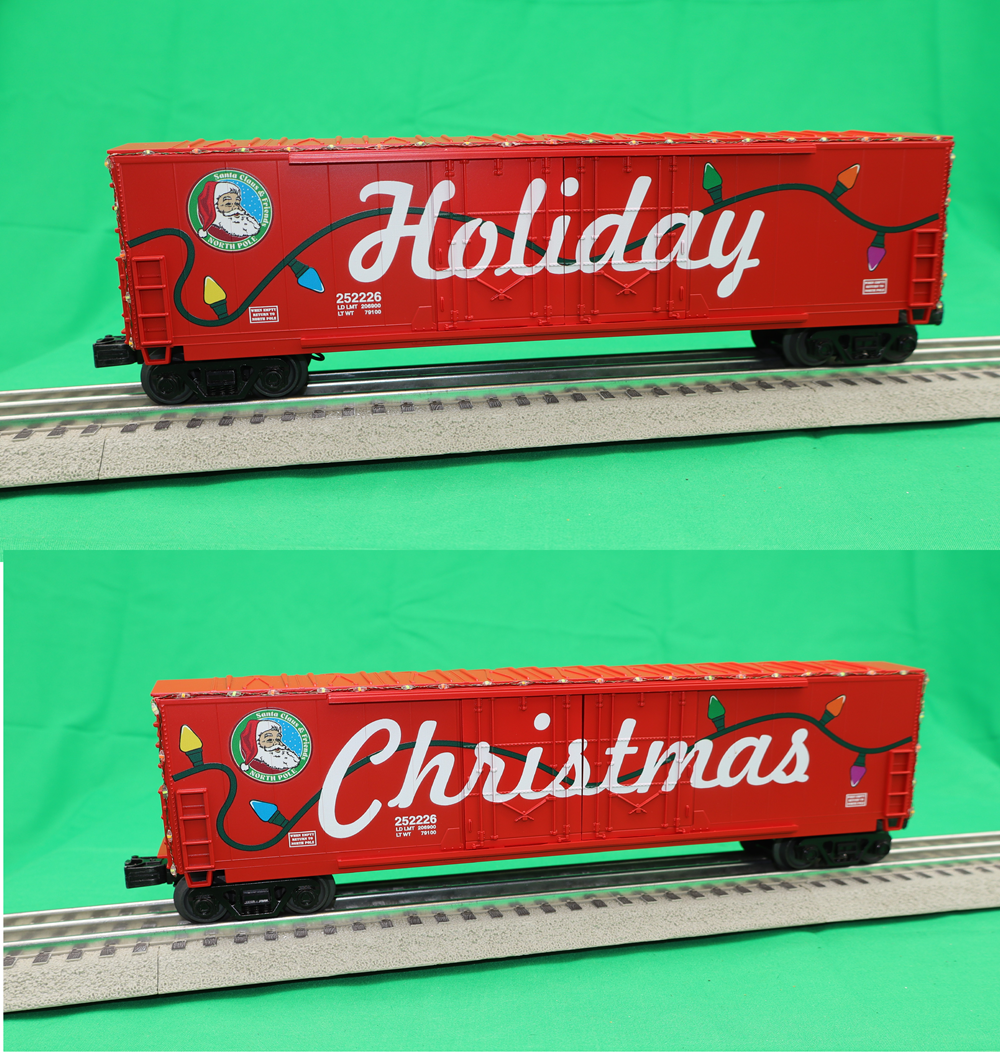 MTH 30-70151 - 50’ Double Door Plugged Boxcar Set "Christmas" w/ LED Lights (4-Car)