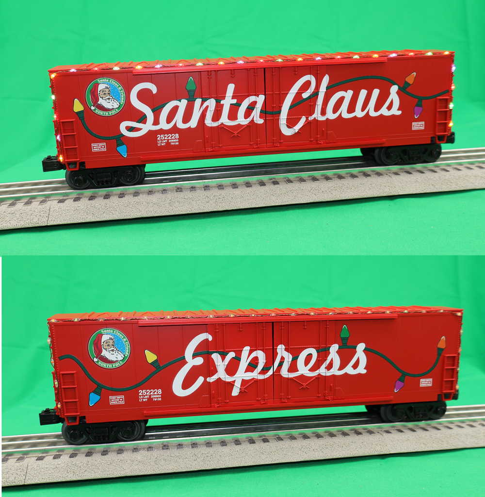 MTH 30-70151 - 50’ Double Door Plugged Boxcar Set "Christmas" w/ LED Lights (4-Car)