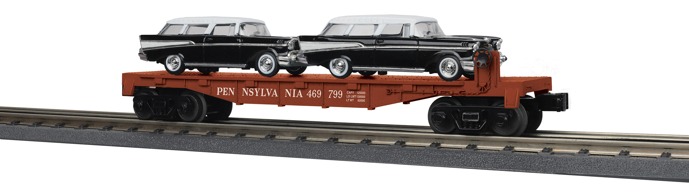 MTH 30-76873 - Flat Car "Pennsylvania" w/ (2) ‘57 Chevy Nomads (Black) #469799