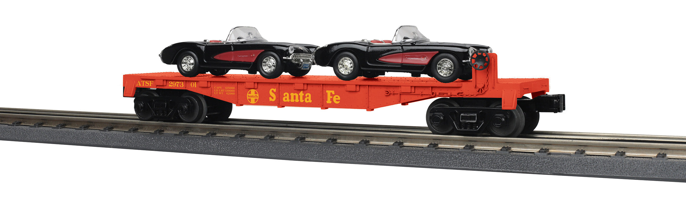 MTH 30-76876 - Flat Car "Santa Fe" w/ (2) ‘57 Chevy Corvettes (Black) #297301