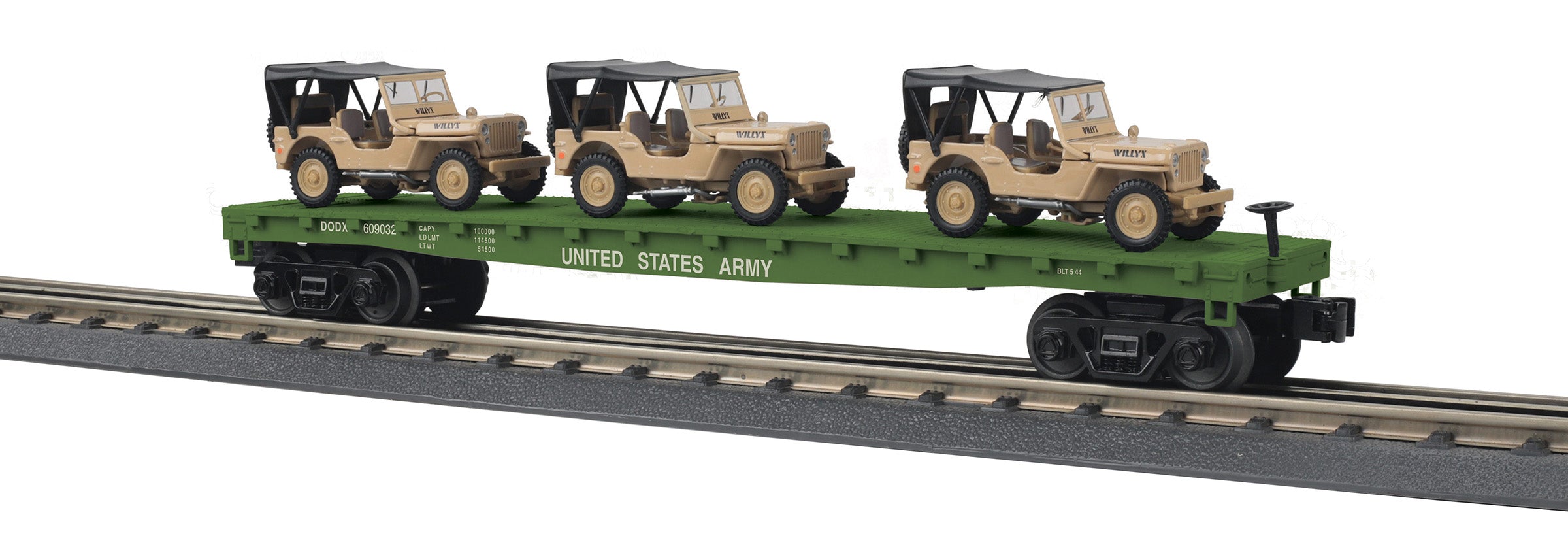 MTH 30-76887 - Flat Car "U.S. Army" w/(3) Willy’s Transport Vehicles #609032 (Desert)