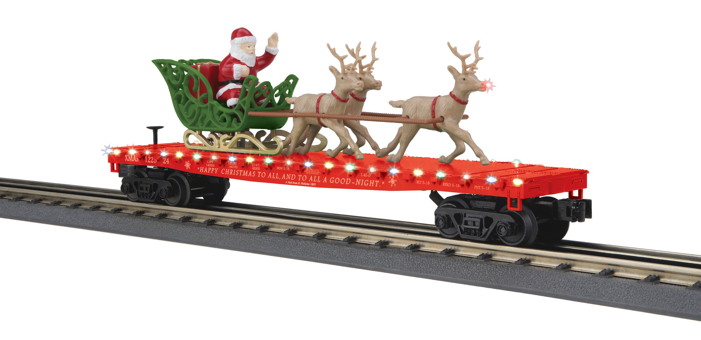 MTH 30-76917 - Flat Car "Christmas" #122524 w/ LED Lights, Santa Sleigh & Reindeer (Red)