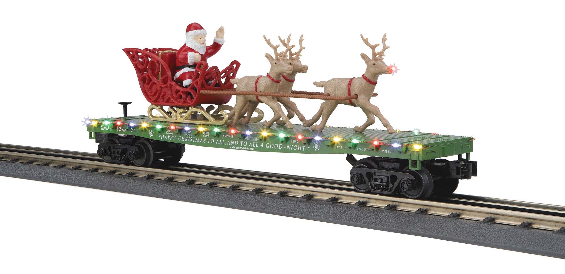 MTH 30-76918 - Flat Car "Christmas" #122524 w/ LED Lights, Santa Sleigh & Reindeer (Green)