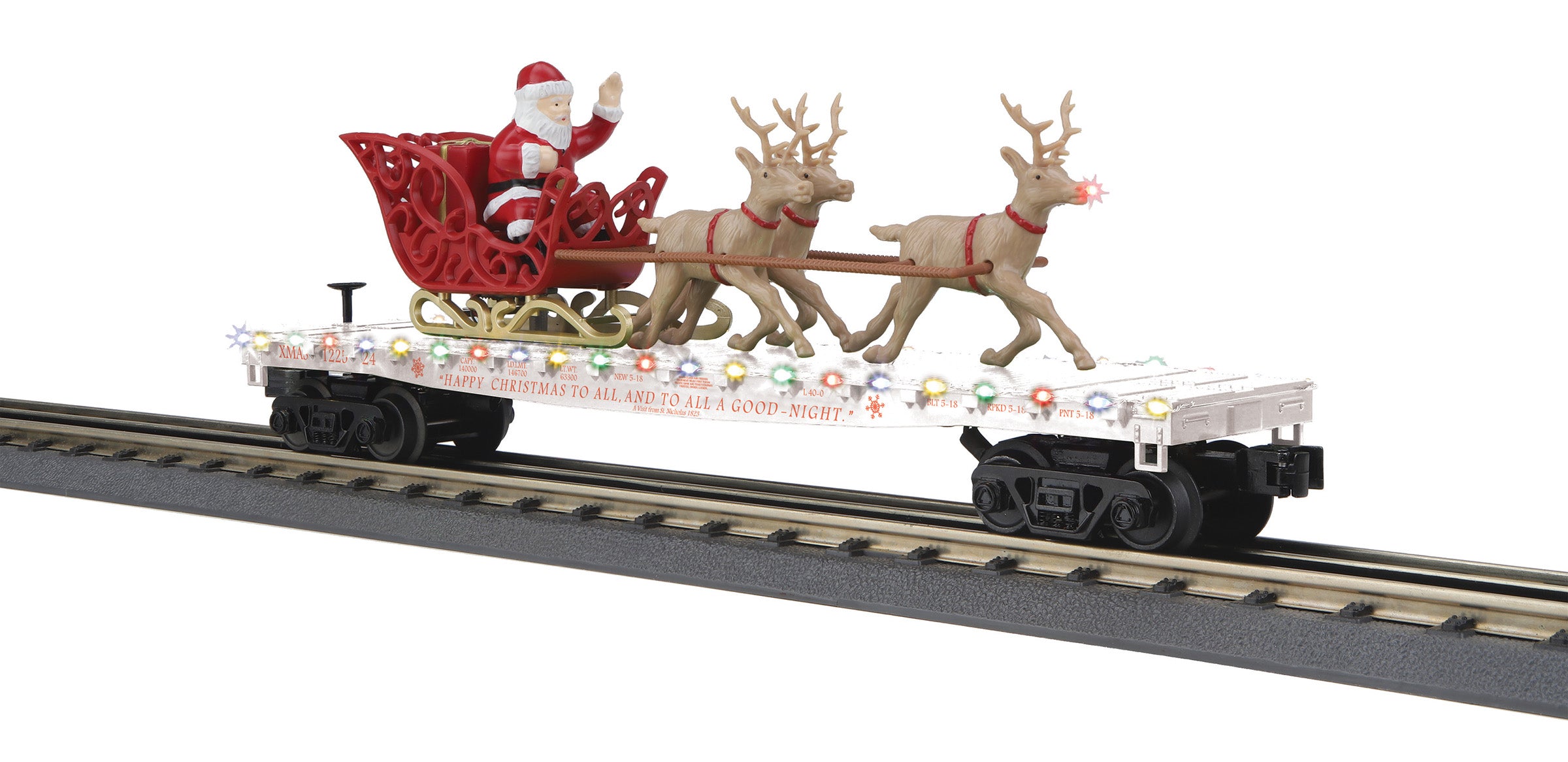 MTH 30-76919 - Flat Car "Christmas" #122524 w/ LED Lights, Santa Sleigh & Reindeer (White)