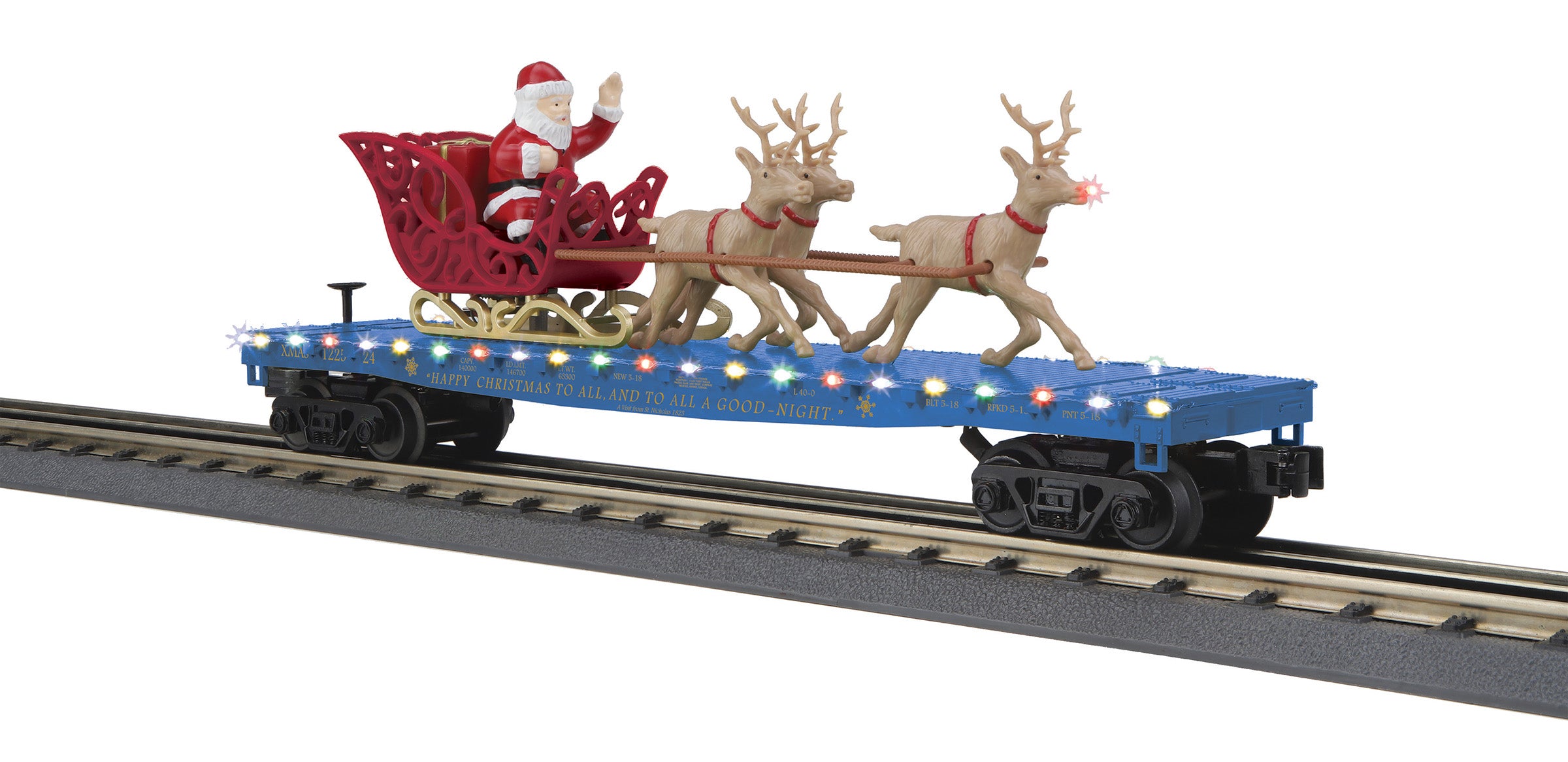 MTH 30-76920 - Flat Car "Christmas" #122524 w/ LED Lights, Santa Sleigh & Reindeer (Blue)