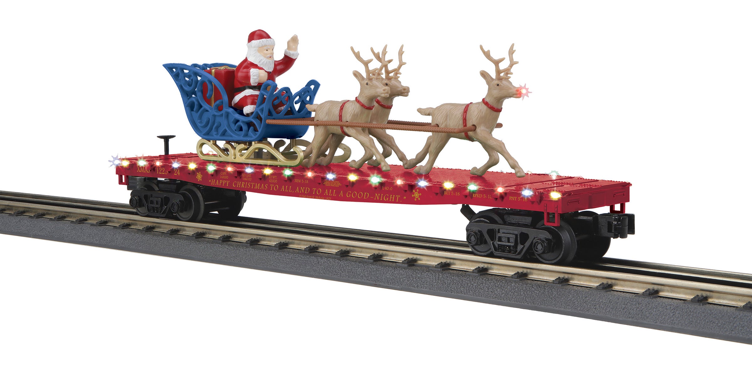 MTH 30-76921 - Flat Car "Christmas" #122524 w/ LED Lights, Santa Sleigh & Reindeer (Maroon)