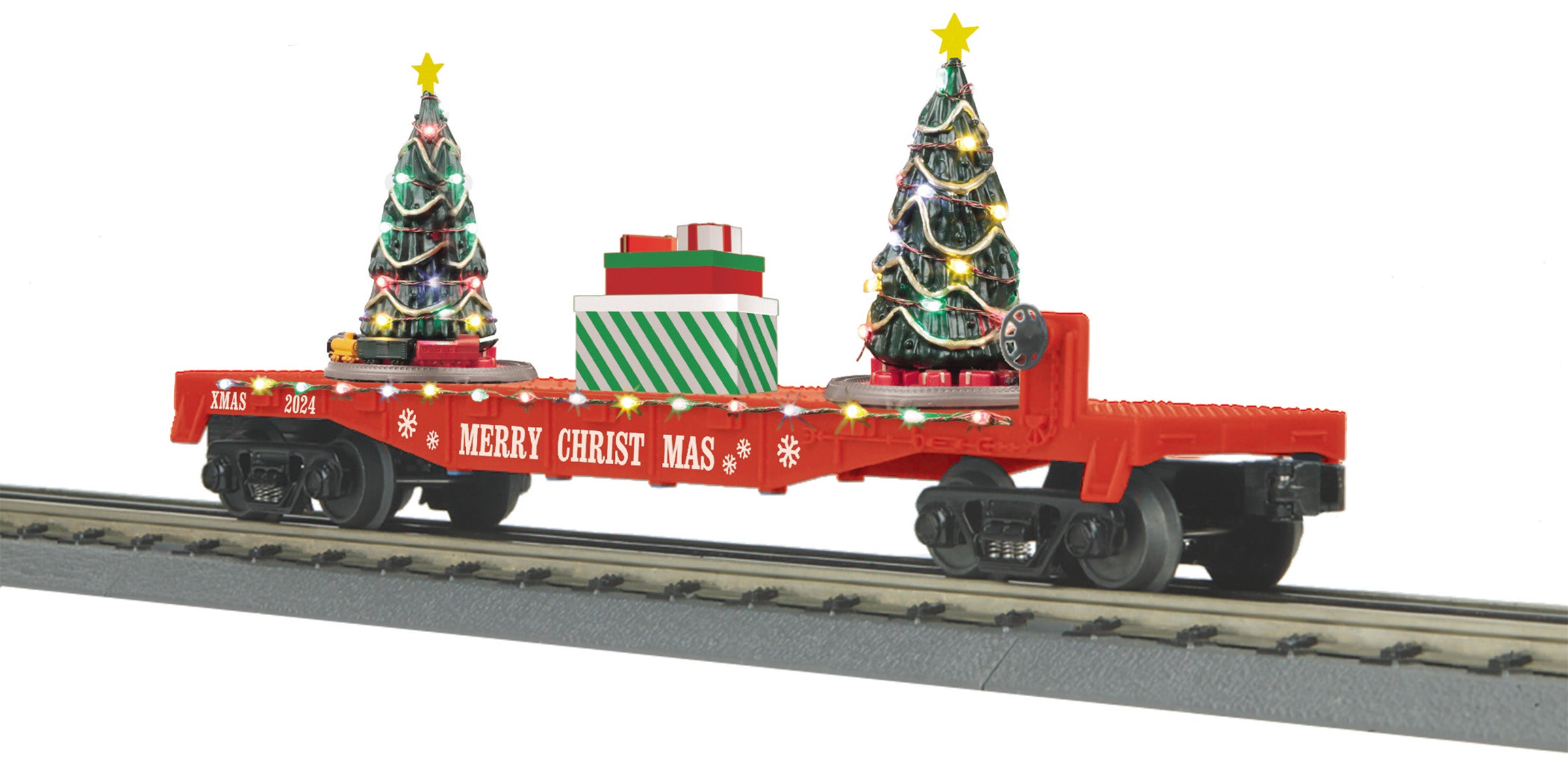 MTH 30-76922 - Flat Car "Christmas" #2024 w/ Lighted Christmas Trees (Red)