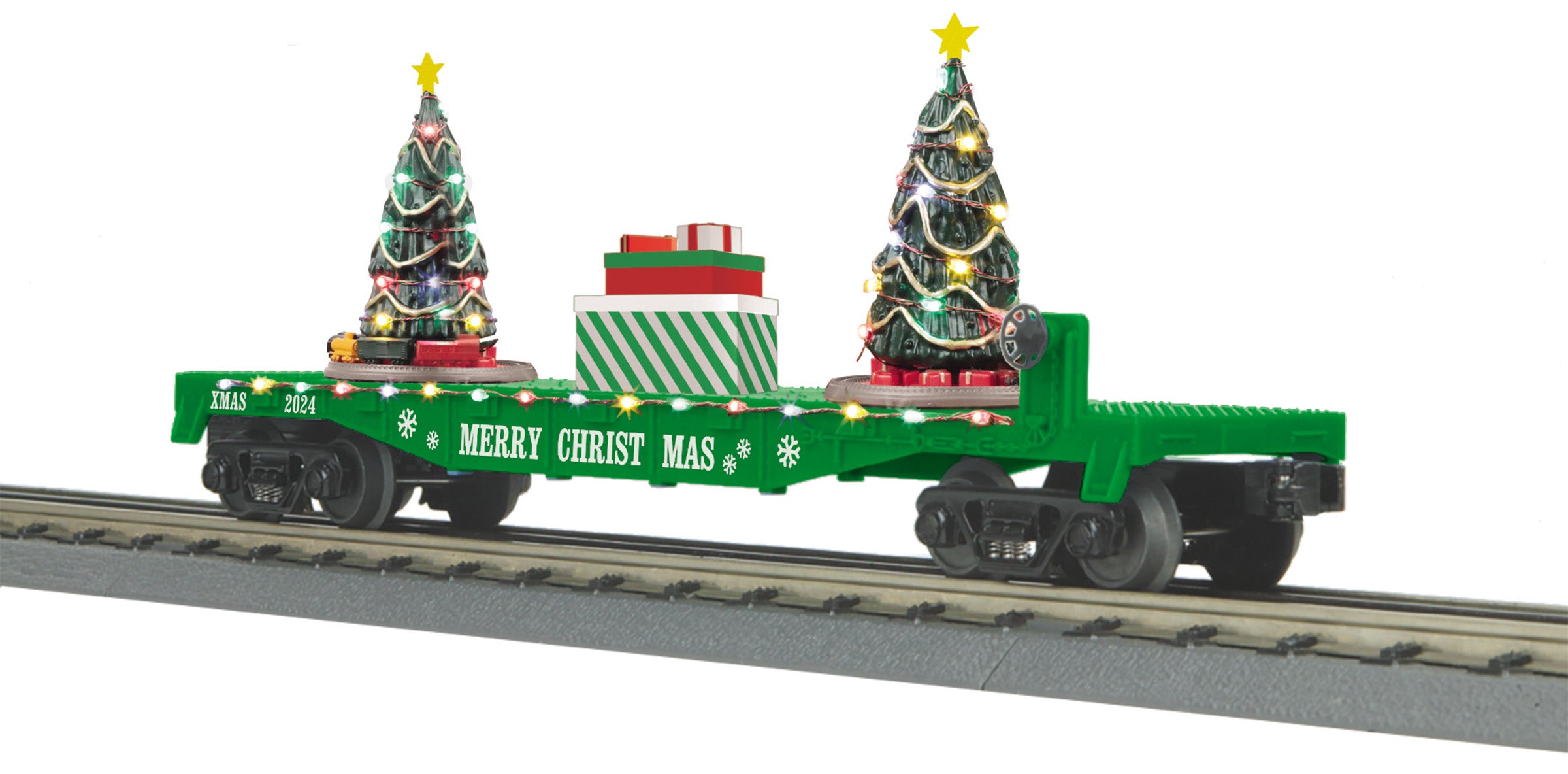 MTH 30-76923 - Flat Car "Christmas" #2024 w/ Lighted Christmas Trees (Green)