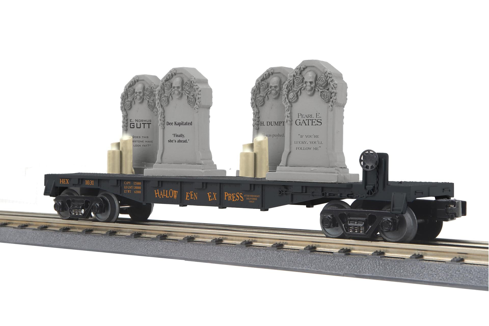 MTH 30-76927 - Flat Car "Halloween" #103125 w/ Headstones & Flickering Lighted Candles