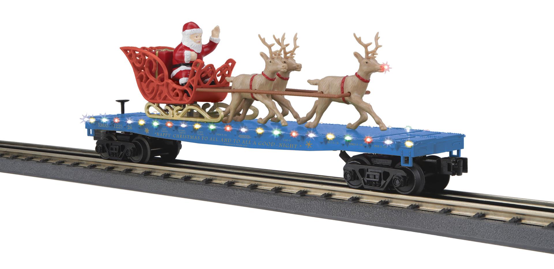 MTH 30-78606 - Flat Car "North Pole" #122526 w/ LED Lights, Santa Sleigh & Reindeer