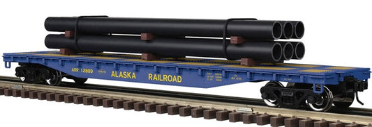 Atlas O 3002880 - Trainman - 52'6" Flat Car "Alaska Railroad" w/ Pipe Load (2-Rail) - MrMuffin'sTrains