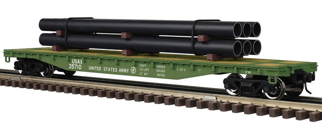 Atlas O 3001887 - Trainman - 52'6" Flat Car "U.S. Army Transportation Corps" (USAX) w/ Pipe Load