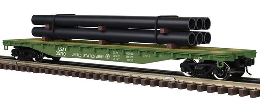 Atlas O 3002887 - Trainman - 52'6" Flat Car "U.S. Army Transportation Corps" (USAX) w/ Pipe Load (2-Rail) - MrMuffin'sTrains