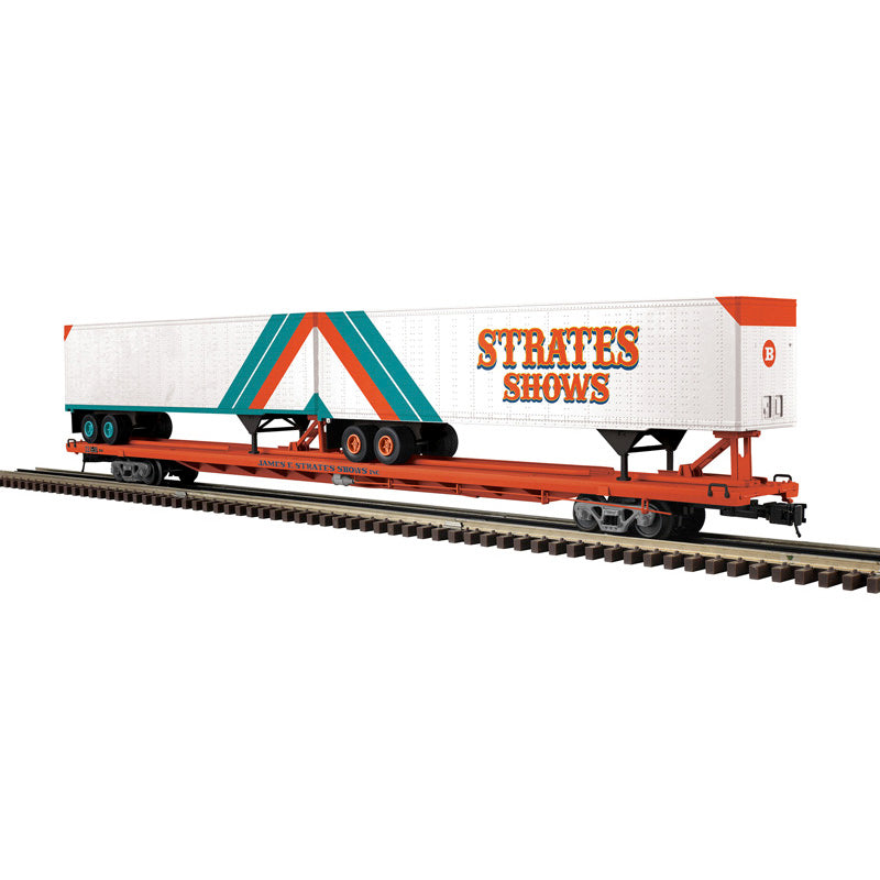 Atlas O 3001967A - Master - 89’4” Intermodal Flat Car "James E. Strates Shows" w/ Trailers (4-Car)