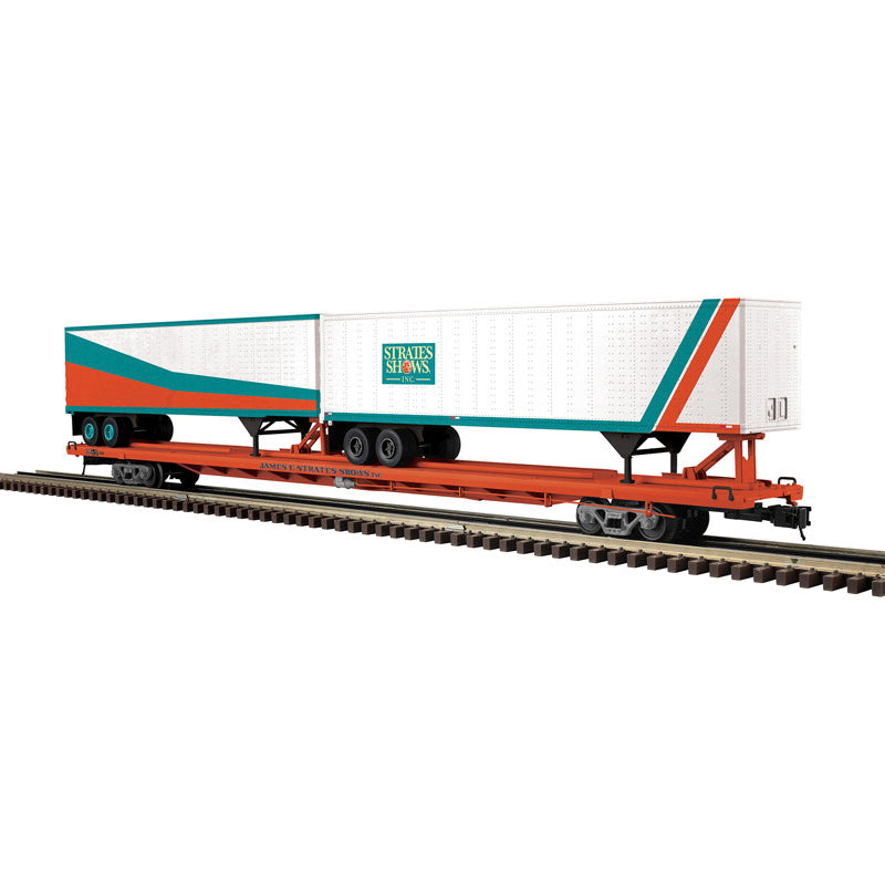 Atlas O 3001967A - Master - 89’4” Intermodal Flat Car "James E. Strates Shows" w/ Trailers (4-Car)