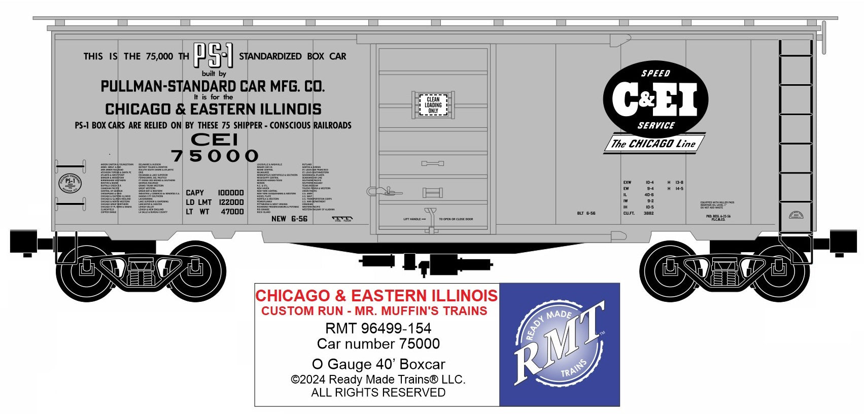 Ready Made Trains RMT-96499-154 - 40" PS-1 Boxcar "Chicago & Eastern Illinois" #75000 - Custom Run for MrMuffin'sTrains