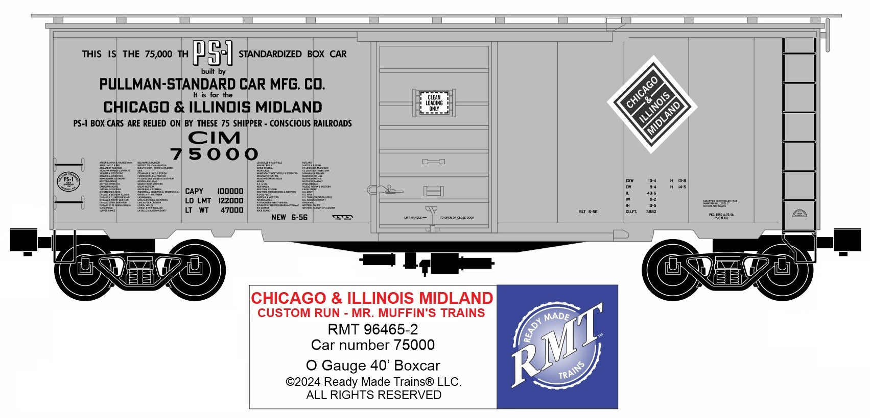 Ready Made Trains RMT-96465-2 - 40" PS-1 Boxcar "Chicago & Illinois Midland" #75000 - Custom Run for MrMuffin'sTrains
