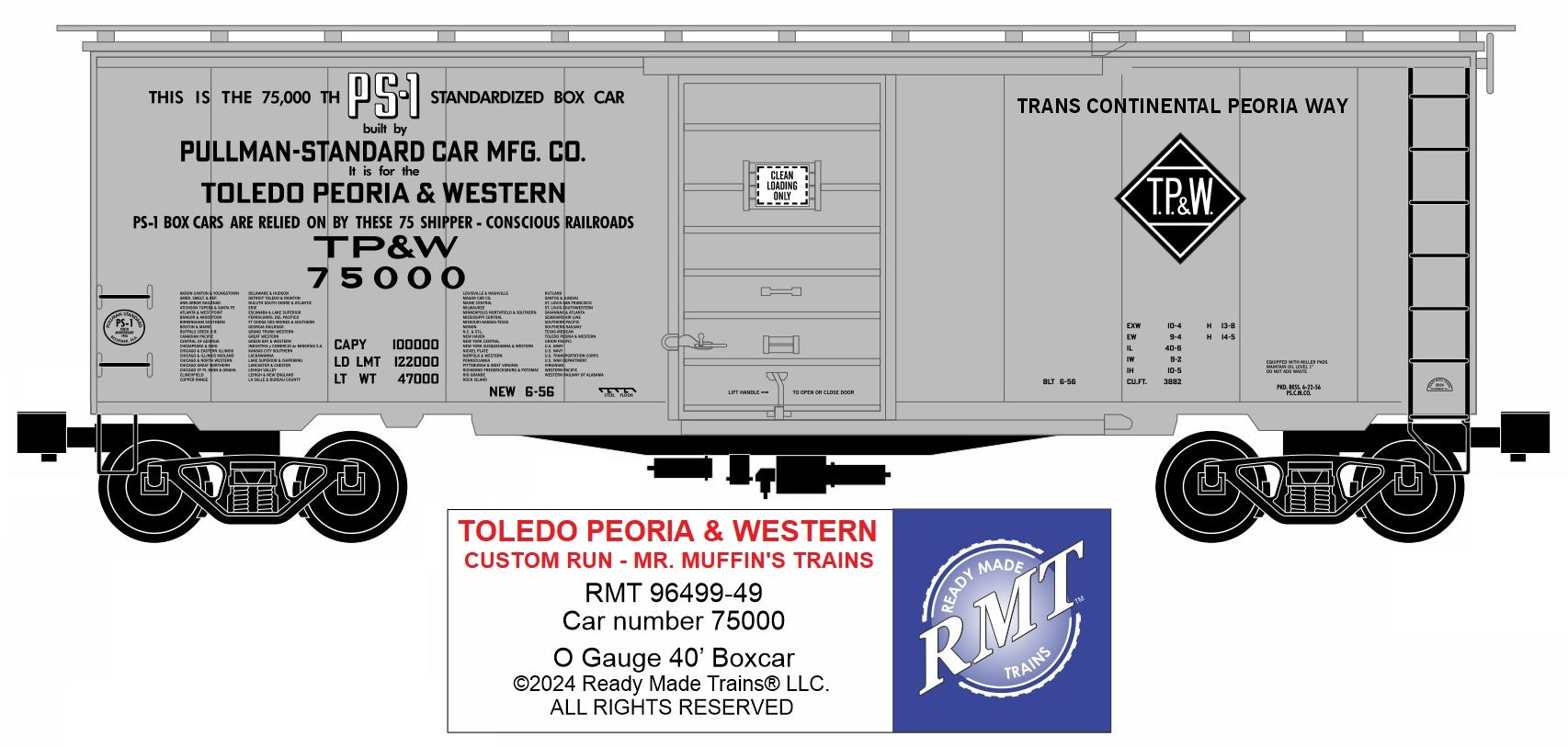 Ready Made Trains RMT-96499-49 - 40" PS-1 Boxcar "Toledo, Peoria & Western" #75000 - Custom Run for MrMuffin'sTrains