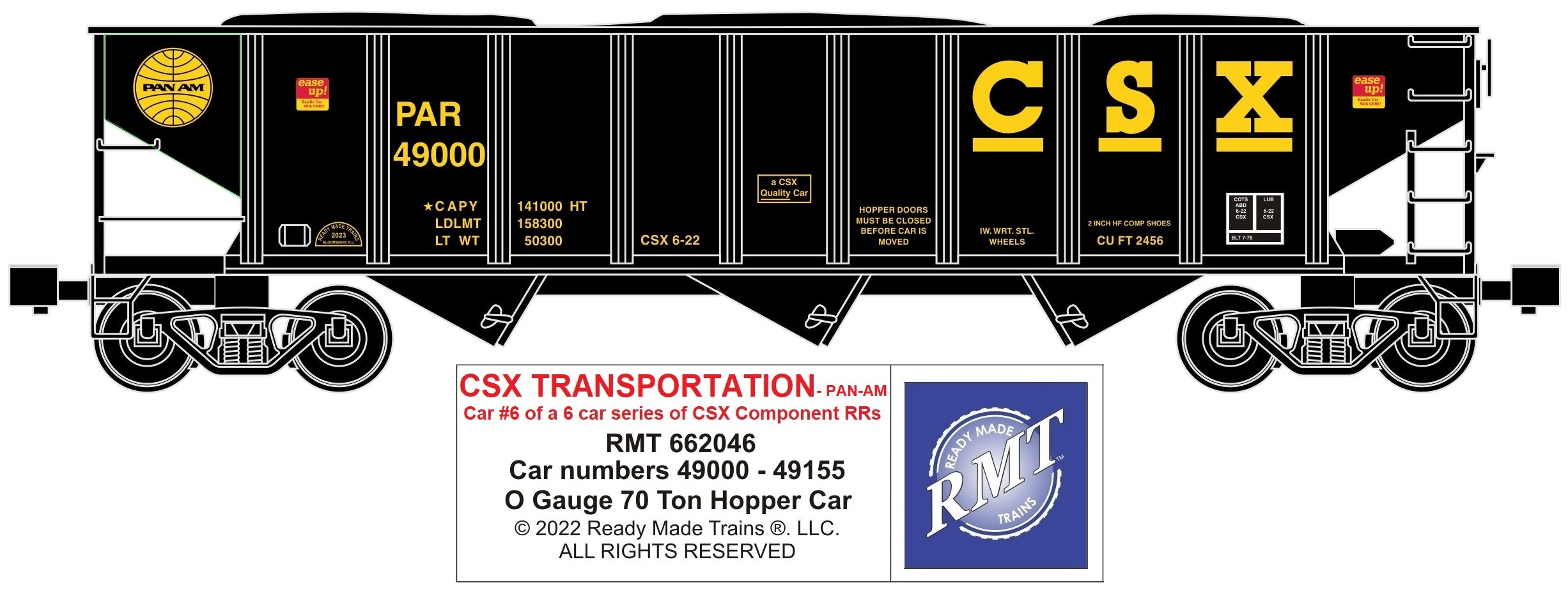 Ready Made Trains RMT-66204-6 - 70 Ton 3-Bay Coal Hopper Car "CSX" w/ Load (Pan-Am)
