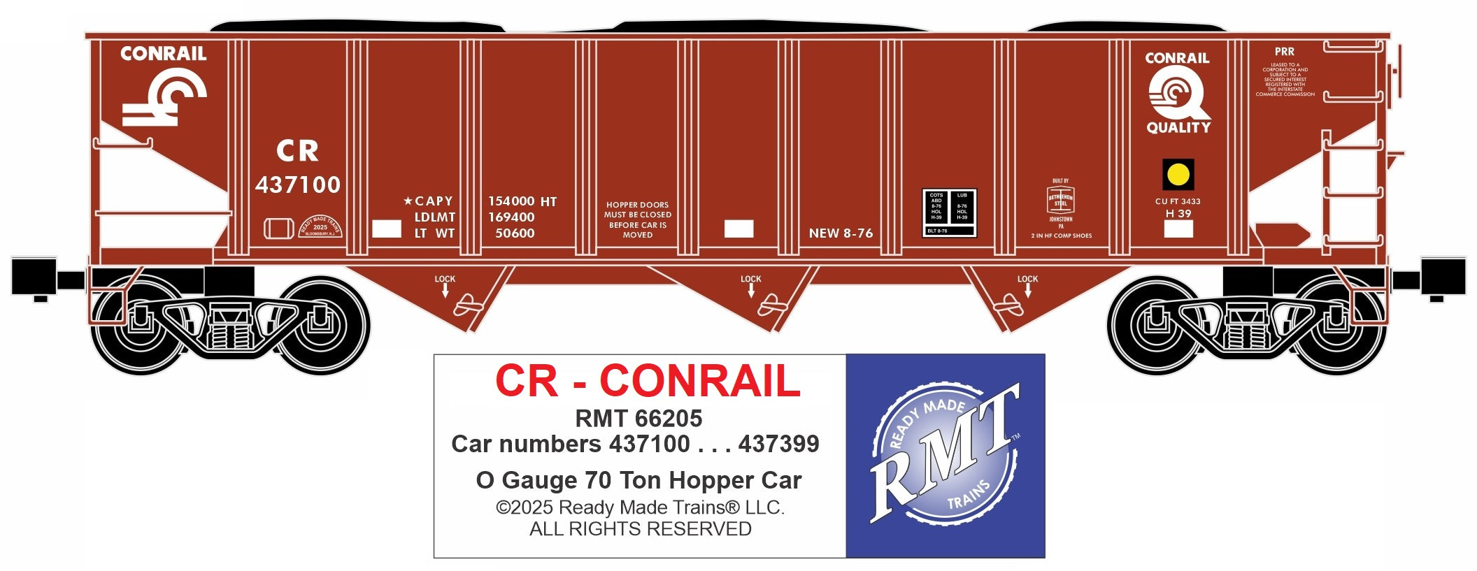 Ready Made Trains RMT-66205 - 70 Ton 3-Bay Coal Hopper Car "Conrail" w/ Load