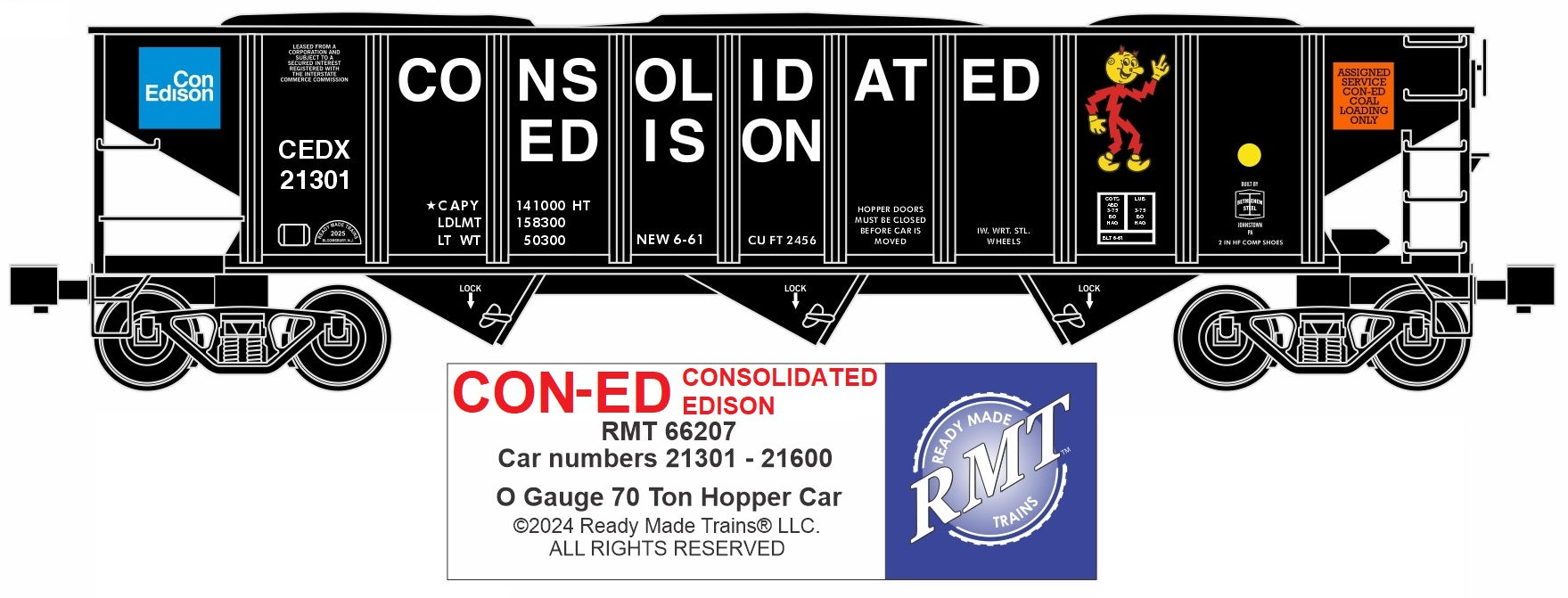 Ready Made Trains RMT-66207 - 70 Ton 3-Bay Coal Hopper Car "Consolidated Edison" w/ Load