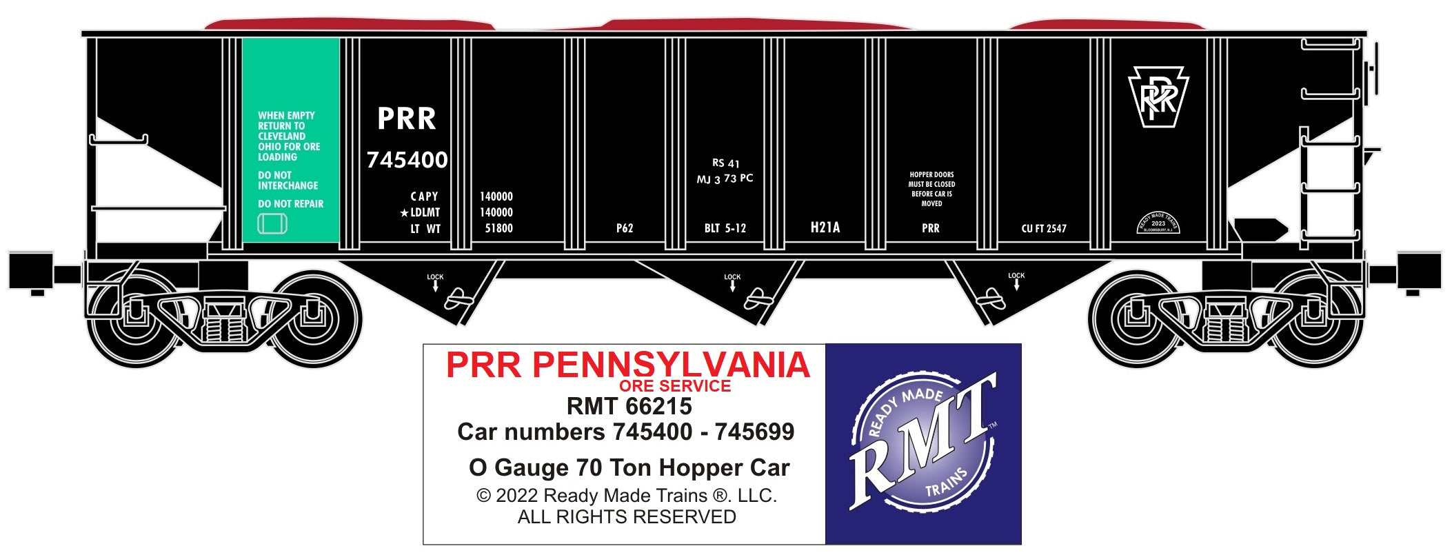 Ready Made Trains RMT-66215 - 70 Ton 3-Bay Coal Hopper Car "Pennsylvania" w/ Load (Ore Service)