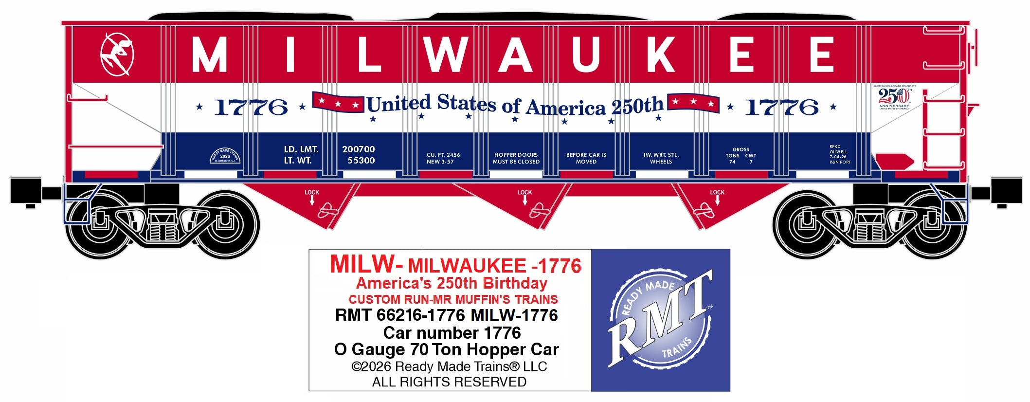 Ready Made Trains RMT-66216-1776 - 70 Ton 3-Bay Coal Hopper Car "Milwaukee Road" #1776 w/ Load - Custom Run for MrMuffin'sTrains