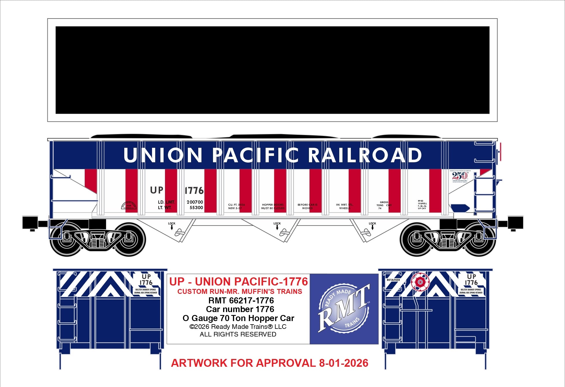 Ready Made Trains RMT-66217-1776 - 70 Ton 3-Bay Coal Hopper Car "Union Pacific" #1776 w/ Load - Custom Run for MrMuffin'sTrains