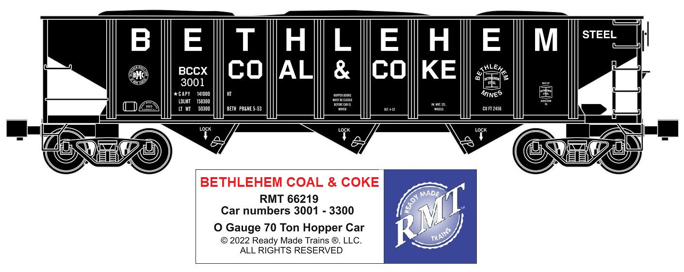 Ready Made Trains RMT-66219 - 70 Ton 3-Bay Coal Hopper Car "Bethlehem Steel" w/ Load (Coal & Coke)