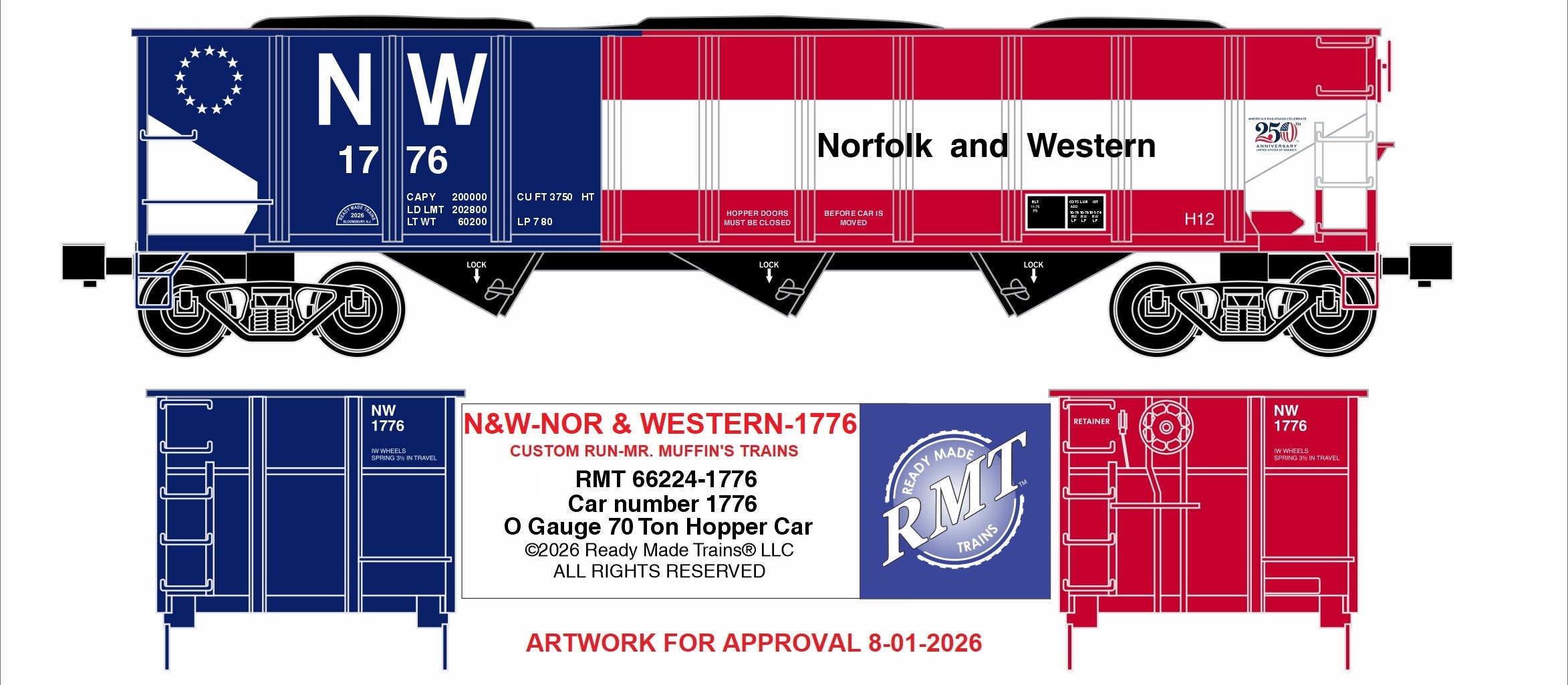 Ready Made Trains RMT-66224-1776 - 70 Ton 3-Bay Coal Hopper Car "Norfolk & Western" #1776 w/ Load - Custom Run for MrMuffin'sTrains