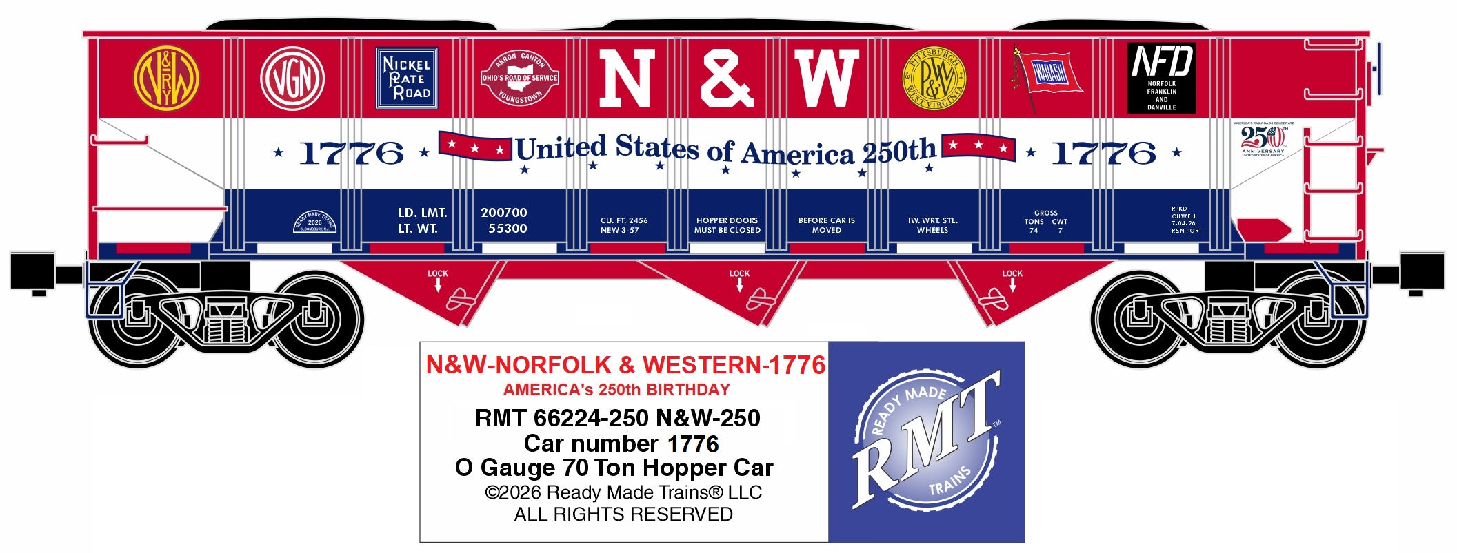 Ready Made Trains RMT-66224-1776 - 70 Ton 3-Bay Coal Hopper Car "Norfolk & Western" #1776 w/ Load