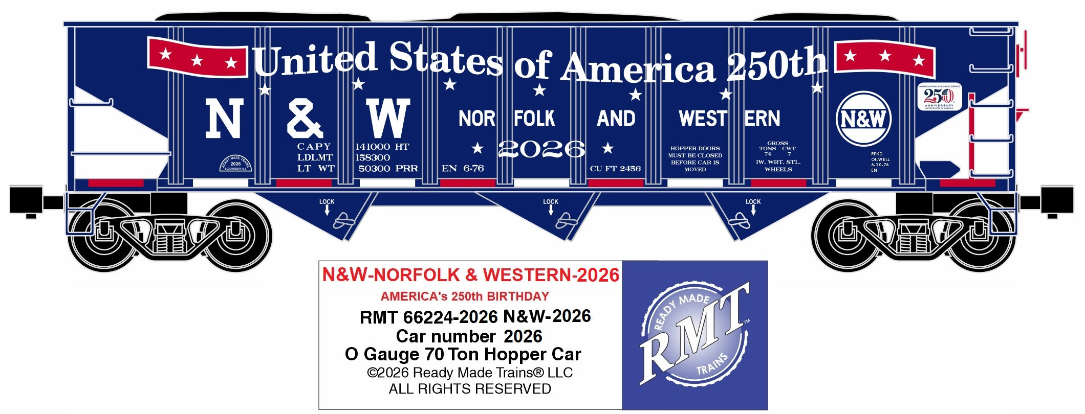 Ready Made Trains RMT-66224-2026 - 70 Ton 3-Bay Coal Hopper Car "Norfolk & Western" #2026 w/ Load