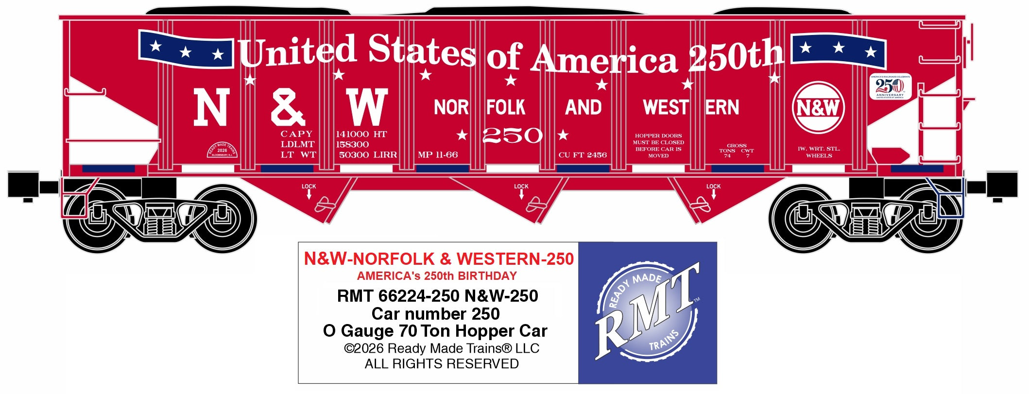 Ready Made Trains RMT-66224-250 - 70 Ton 3-Bay Coal Hopper Car "Norfolk & Western" #250 w/ Load