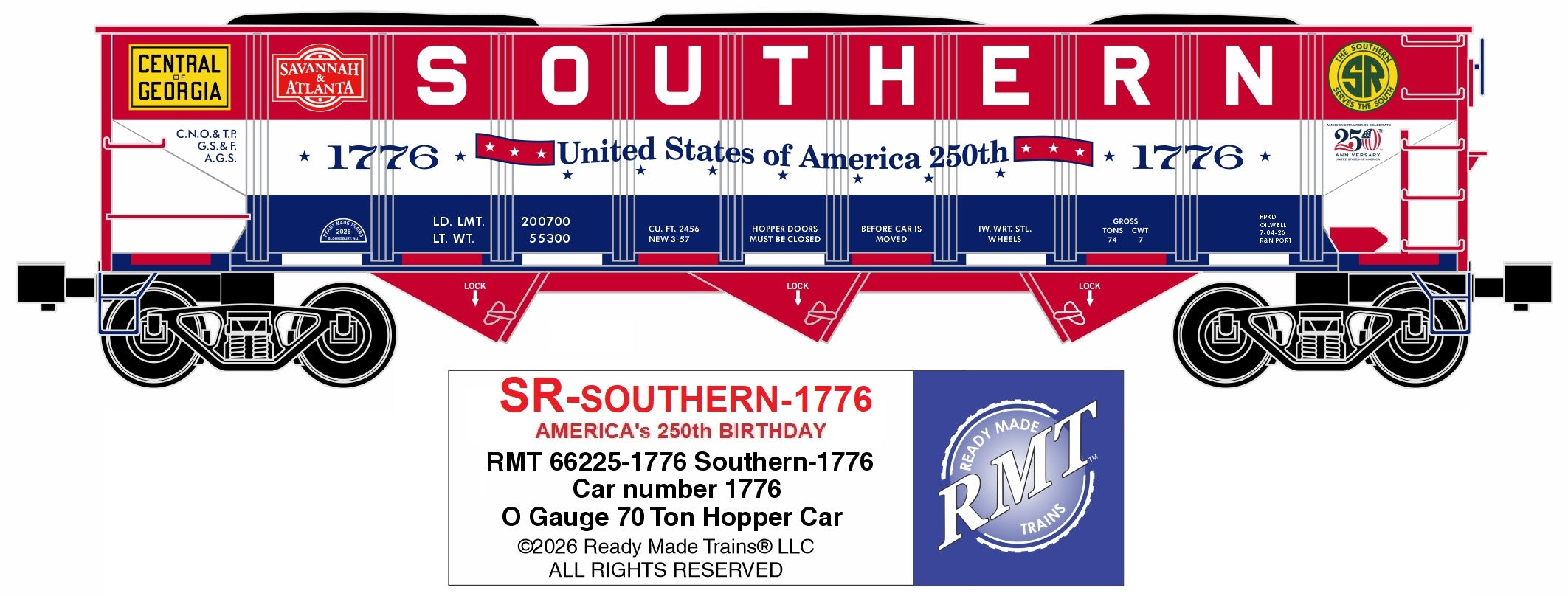 Ready Made Trains RMT-66225-1776 - 70 Ton 3-Bay Coal Hopper Car "Southern" #1776 w/ Load