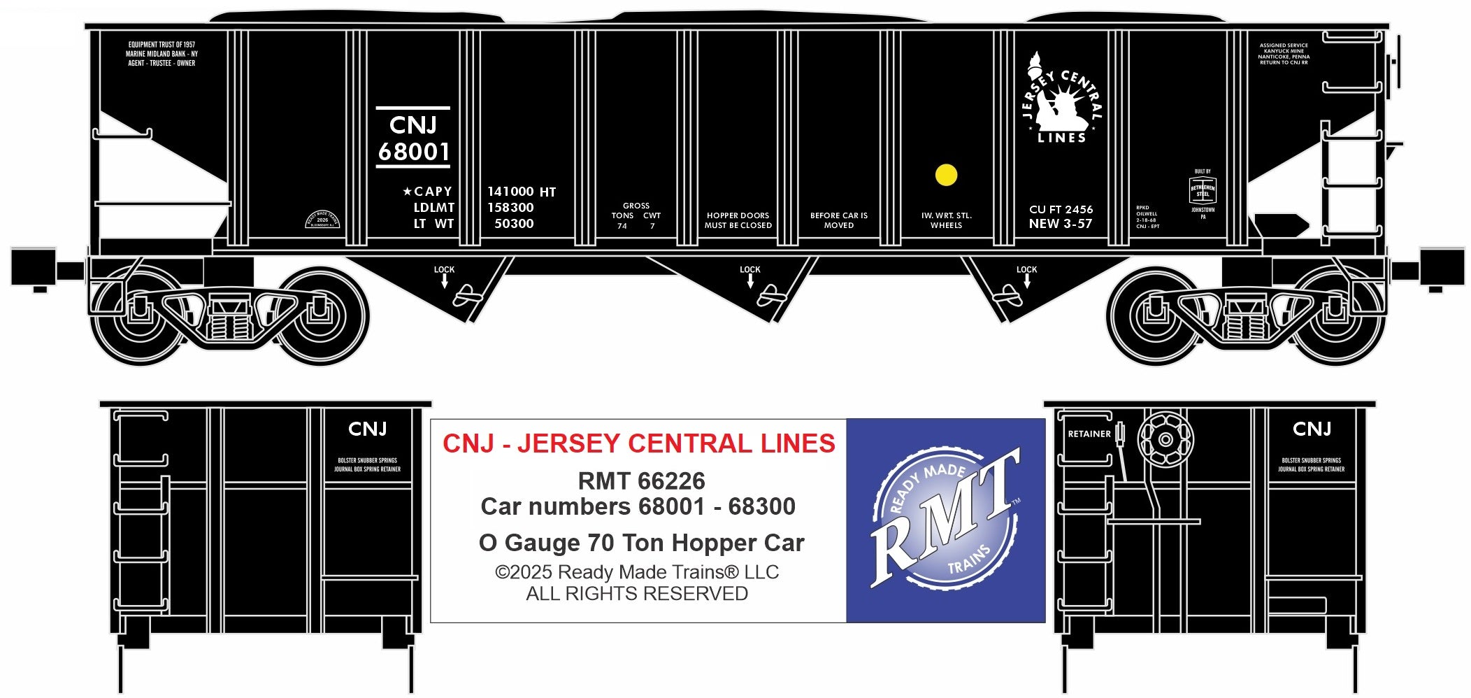 Ready Made Trains RMT-66226 - 70 Ton 3-Bay Coal Hopper Car "Jersey Central"