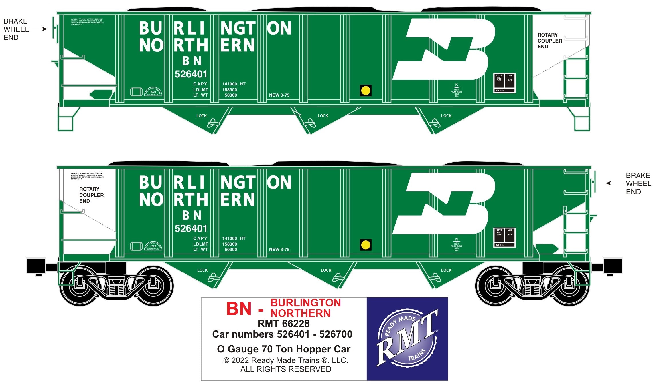 Ready Made Trains RMT-66228 - 70 Ton 3-Bay Coal Hopper Car "Burlington Northern" w/ Load