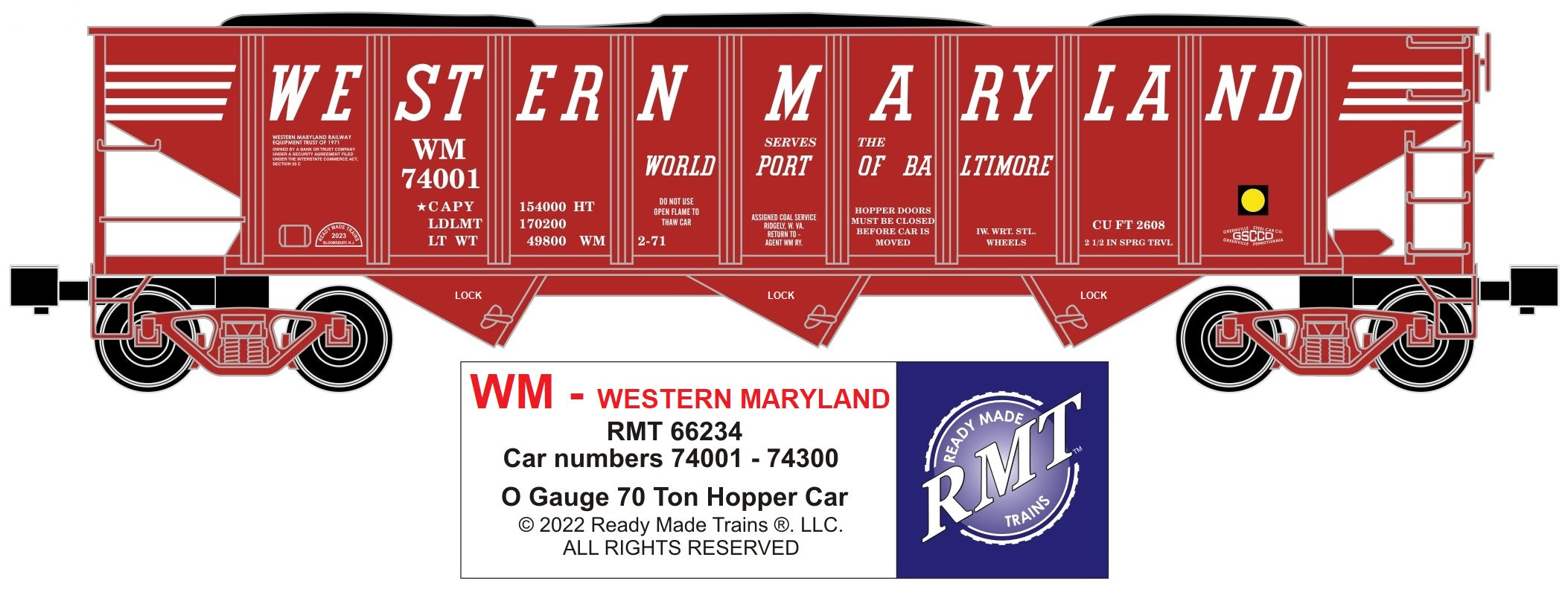 Ready Made Trains RMT-66234 - 70 Ton 3-Bay Coal Hopper Car "Western Maryland" w/ Load