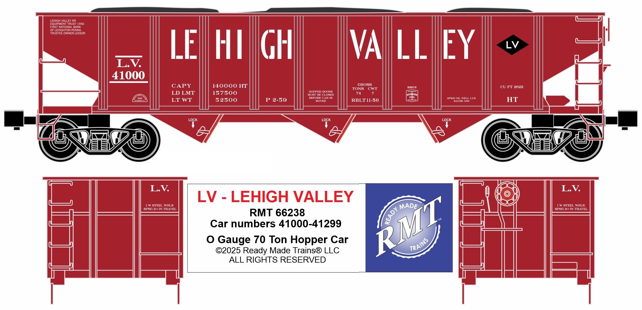 Ready Made Trains RMT-66238 - 70 Ton 3-Bay Coal Hopper Car "Lehigh Valley"