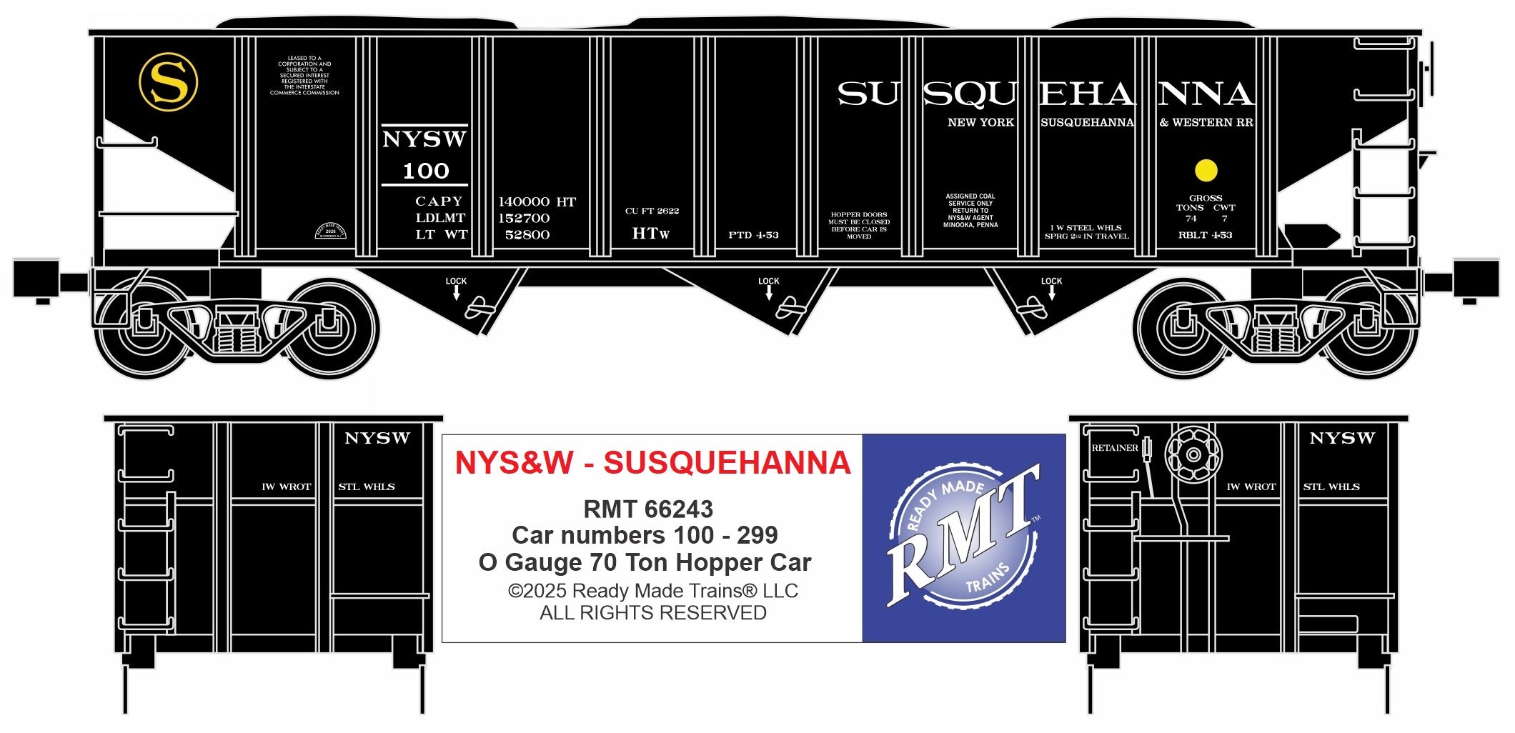 Ready Made Trains RMT-66243 - 70 Ton 3-Bay Coal Hopper Car "Susquehanna"