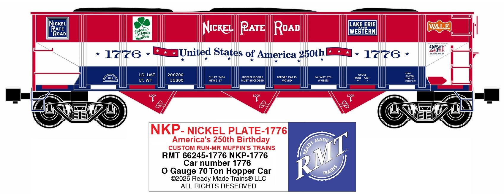 Ready Made Trains RMT-66245-1776 - 70 Ton 3-Bay Coal Hopper Car "Nickel Plate Road" #1776 w/ Load - Custom Run for MrMuffin'sTrains
